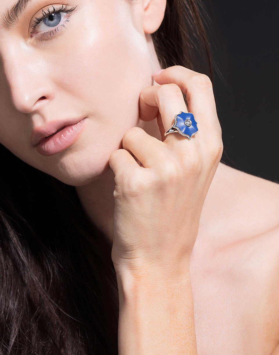 BAYCO-Diamond And Blue Ceramic Lotus Ring-PLATINUM