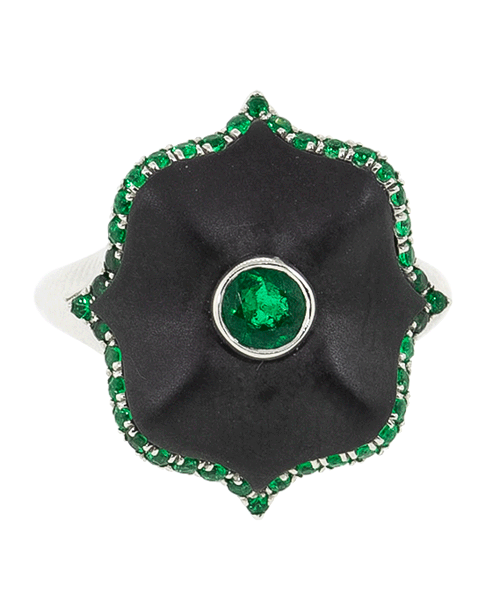 BAYCO-Emerald And Black Ceramic Lotus Ring-PLATINUM
