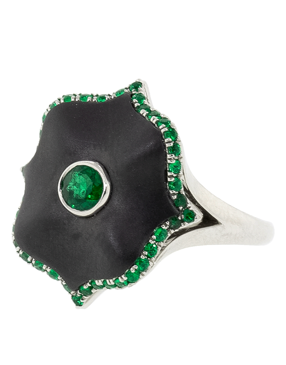 BAYCO-Emerald And Black Ceramic Lotus Ring-PLATINUM