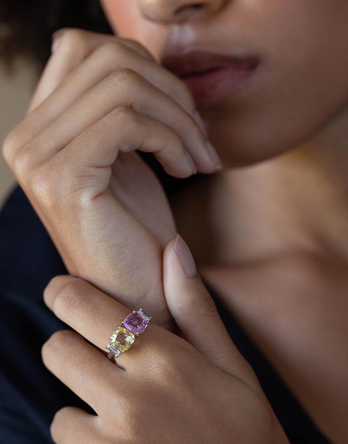 BAYCO-Cushion Yellow and Pink Sapphire Ring-PLATINUM