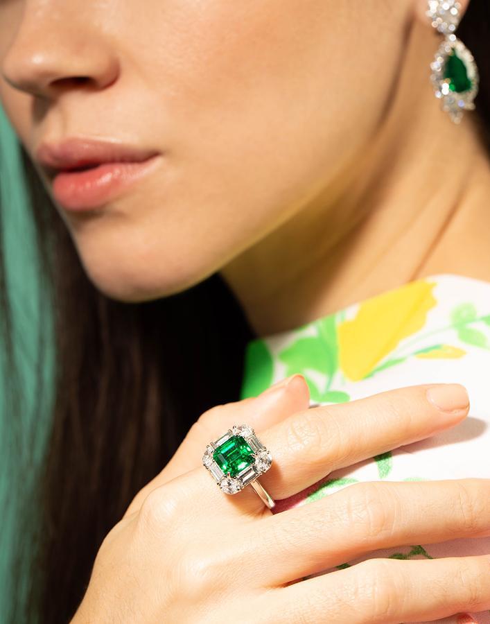 BAYCO-Emerald Cut Emerald and Diamond Ring-PLATINUM
