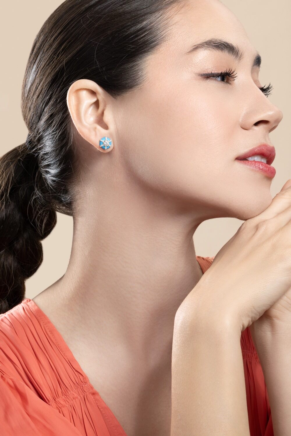 Diamond Blue Hexagon Queen Stud Earrings-YELLOW GOLD-JEWELRYFINE JEWELEARRING-GOSHWARA