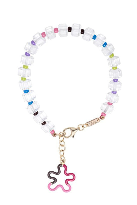 BEA BONGIASCA-Pink and Black B Beaded Floral Bracelet-YELLOW GOLD