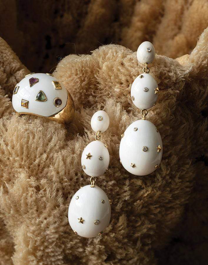 BIBI VAN DER VELDEN-Mammoth Tusk Diamond Egg Earrings-YELLOW GOLD