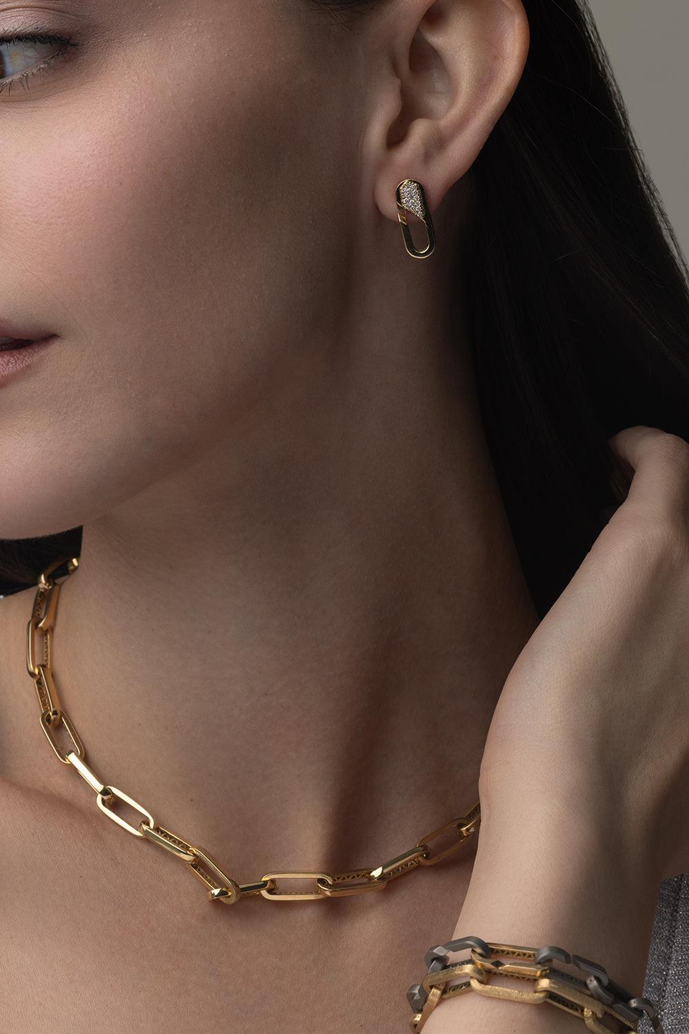 Partial Diamond Small Link Earrings-YELLOW GOLD-JEWELRYFINE JEWELEARRING-BIZZOTTO