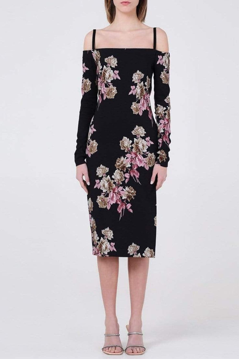 BLUMARINE-Long Sleeve Off Shoulder Print Dress-