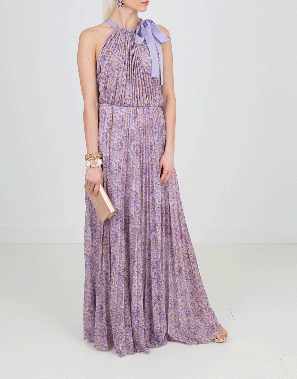 BLUMARINE-High Neck Pleated Maxi Dress-