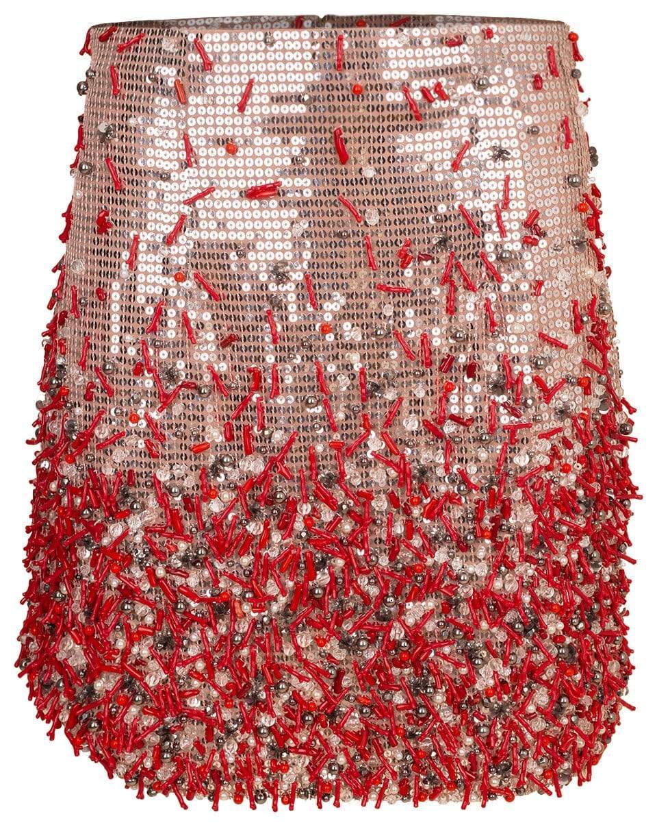 BLUMARINE-Sequin Coral Mini Skirt-RED/SLVR