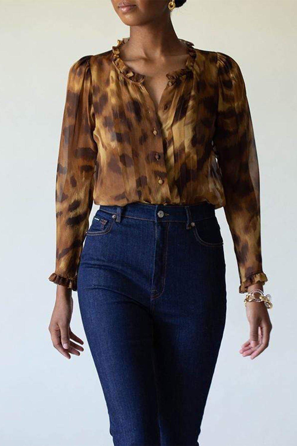 BLUMARINE-Long Sleeve Leopard Print Pleat Blouse-ANIMAL