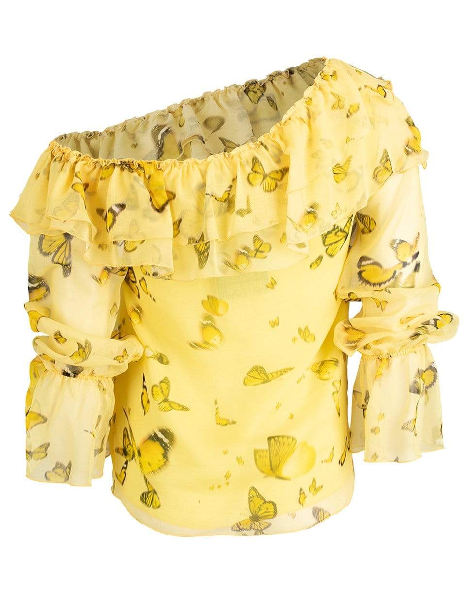 BLUMARINE-Butterfly Print Ruffled Off Shoulder Top-