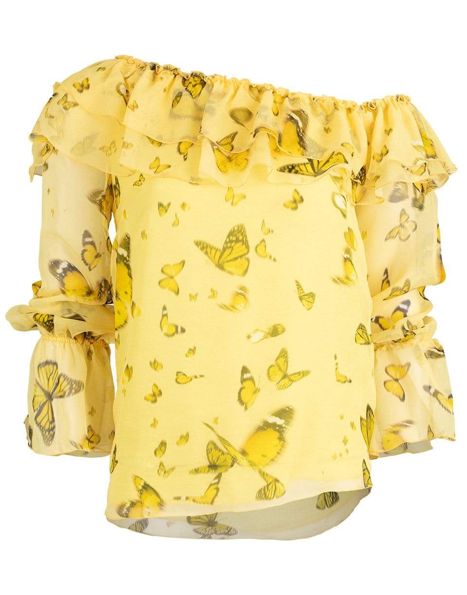 BLUMARINE-Butterfly Print Ruffled Off Shoulder Top-