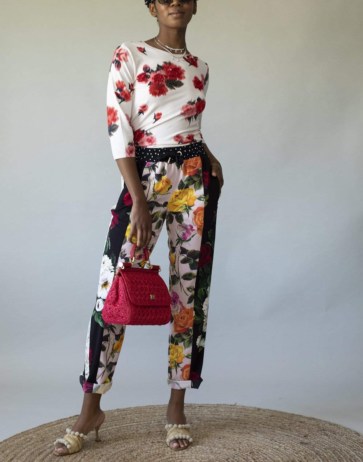 BLUMARINE-Pink Floral Crewneck Pullover Top-