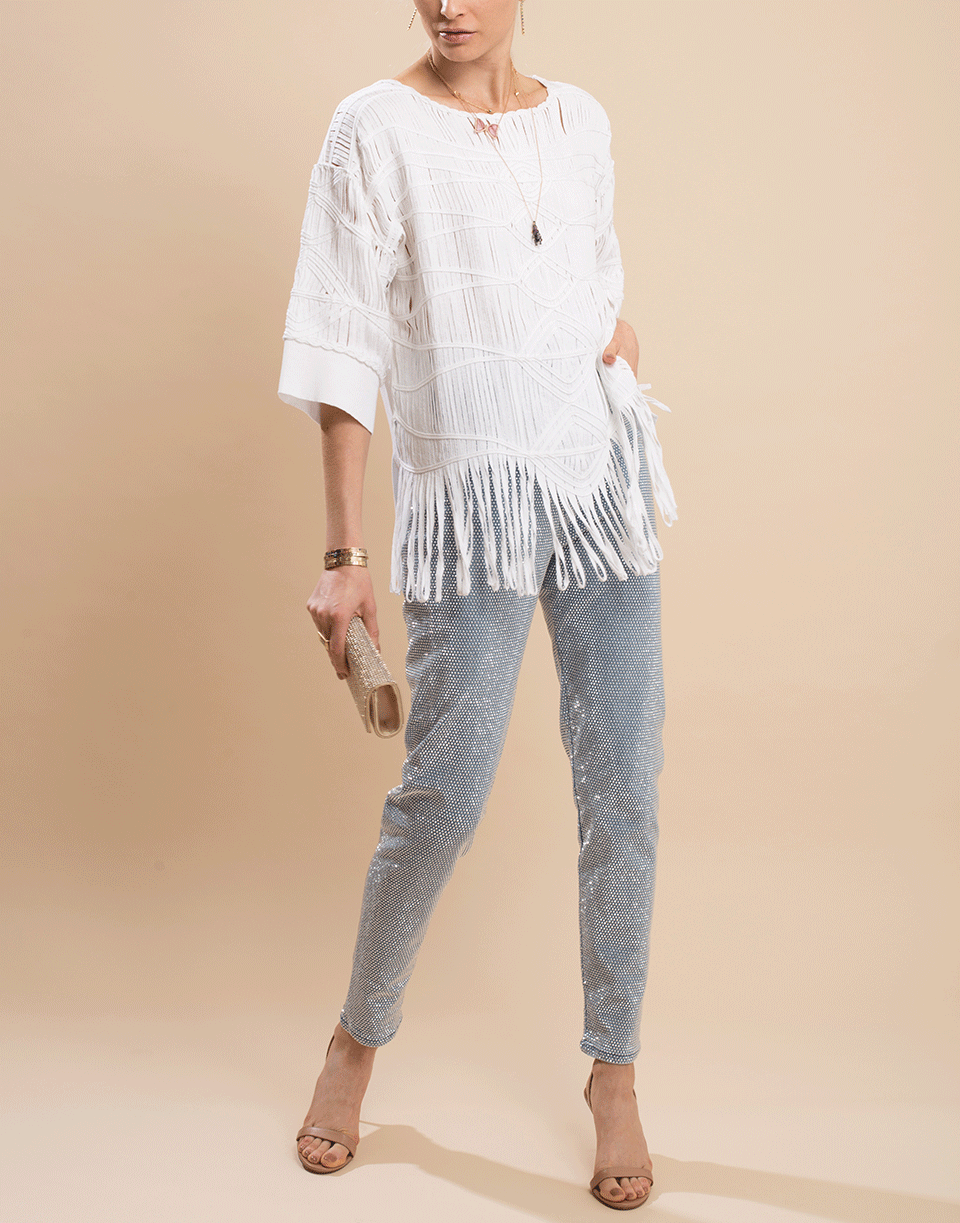 BLUMARINE-3/4 Sleeve Round Neck Fringe Top-
