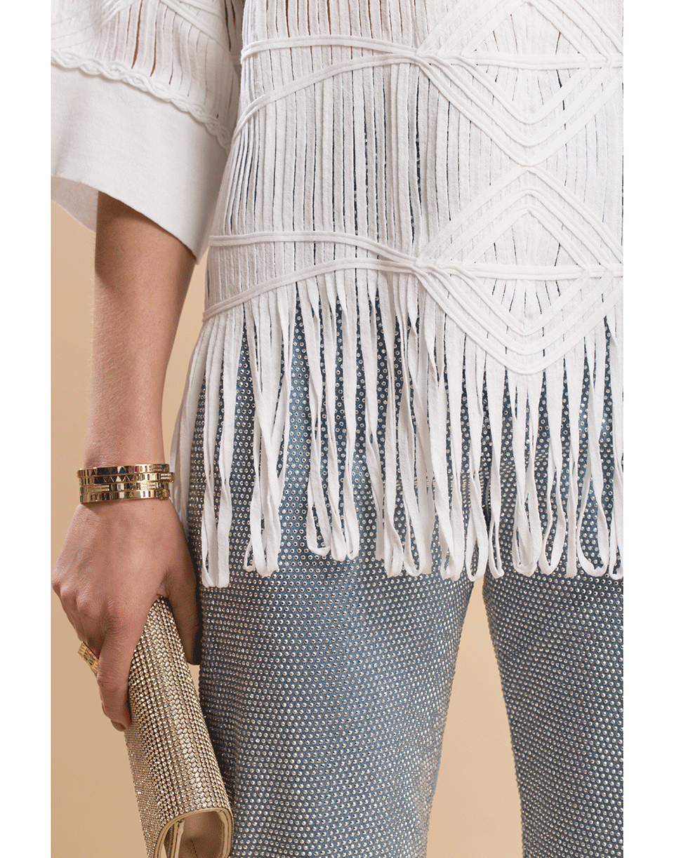 BLUMARINE-3/4 Sleeve Round Neck Fringe Top-
