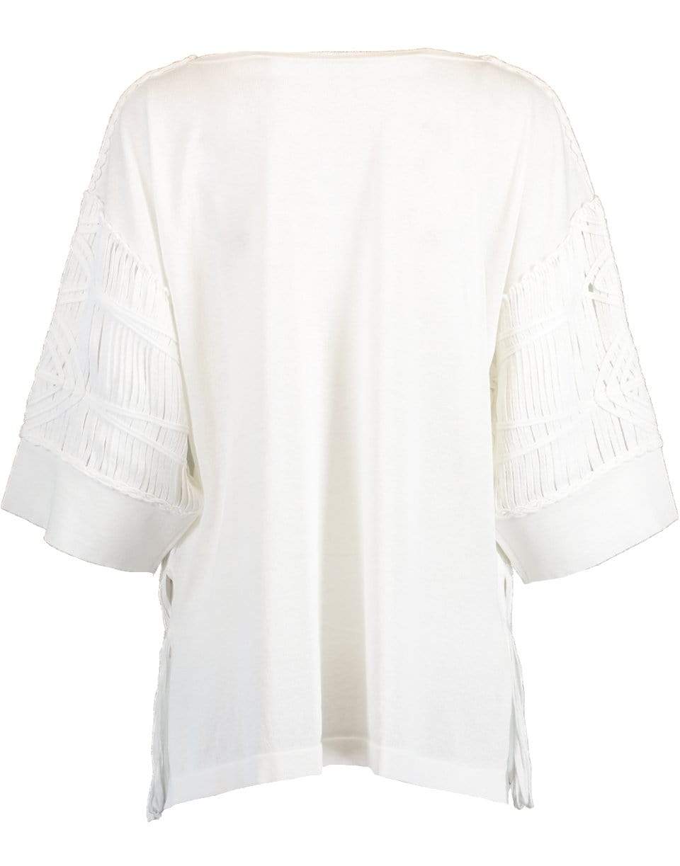 BLUMARINE-3/4 Sleeve Round Neck Fringe Top-