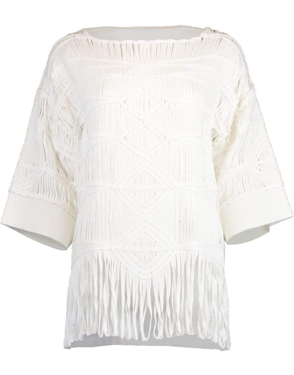 BLUMARINE-3/4 Sleeve Round Neck Fringe Top-