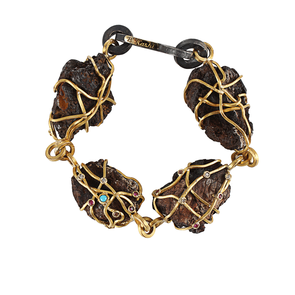 BOAZ KASHI-Lava Rock Bracelet with Turquoise and Sapphires-YLLW GLD