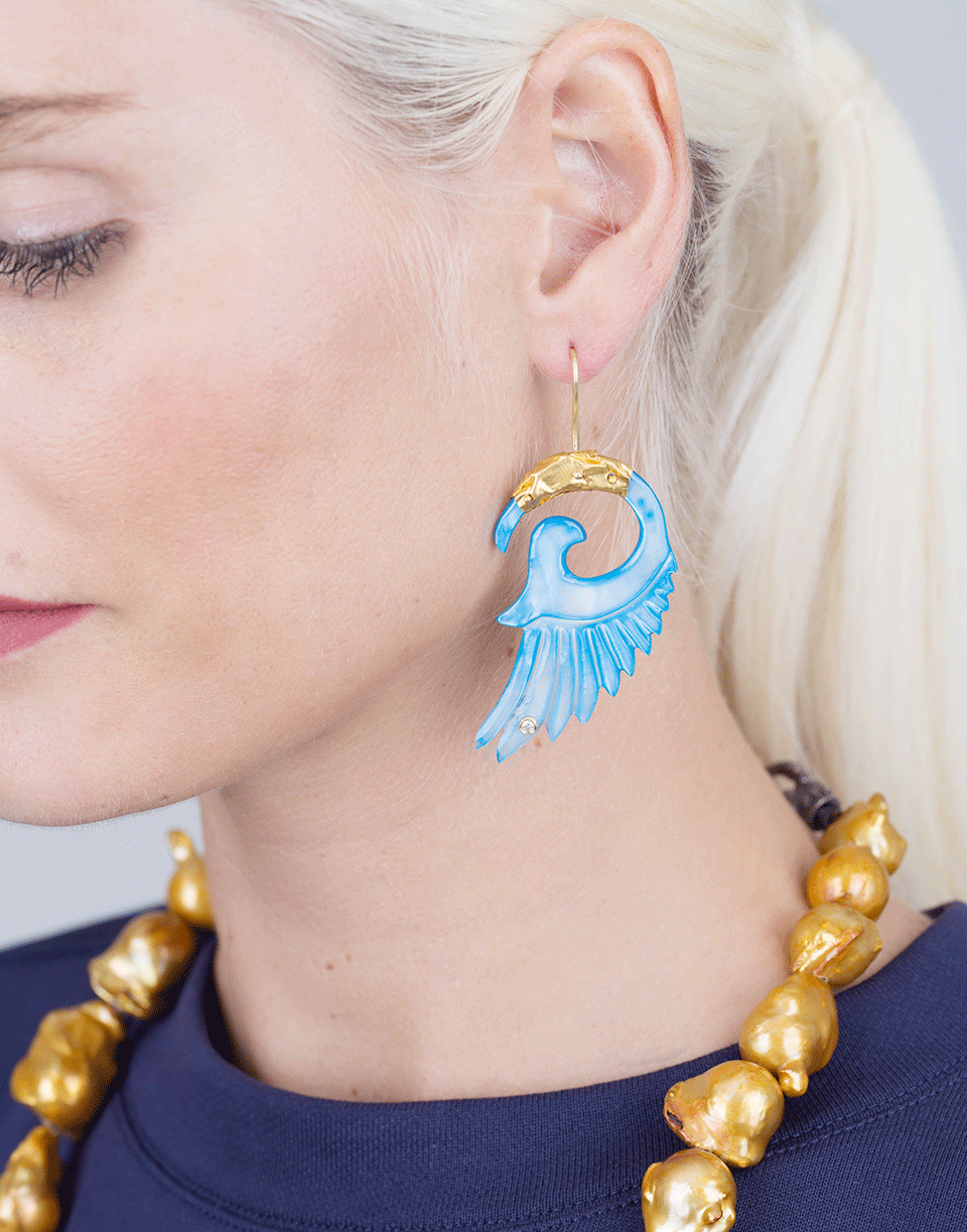 BOAZ KASHI-Carved Blue Shell Earrings-YELLOW GOLD