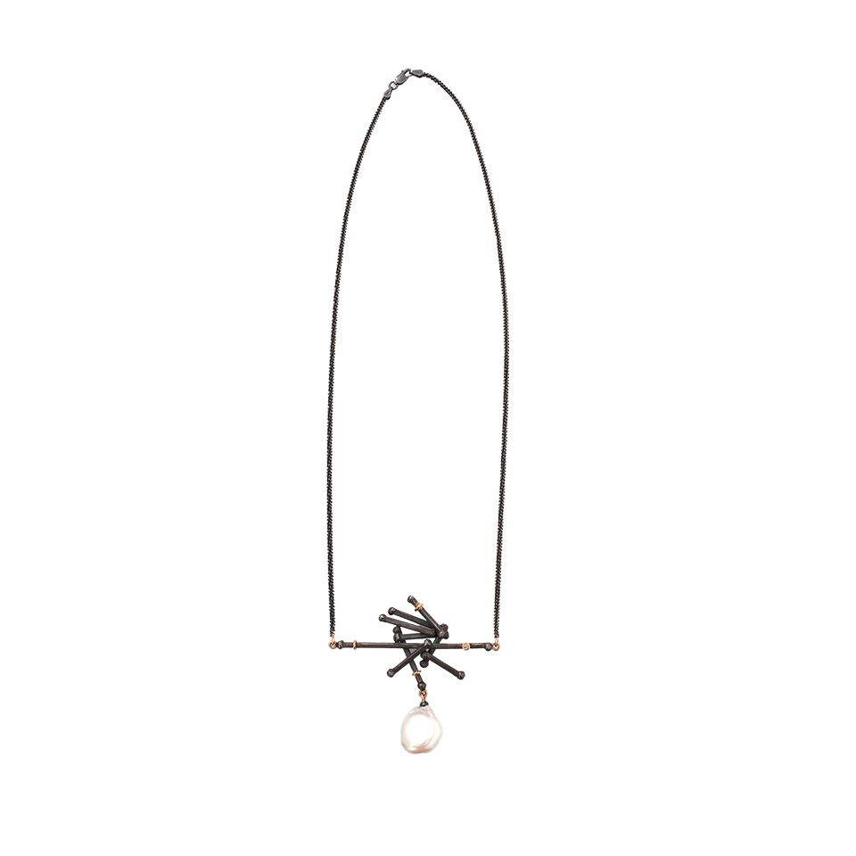 BOAZ KASHI-Pearl Drop Criss Cross Necklace-SILVER