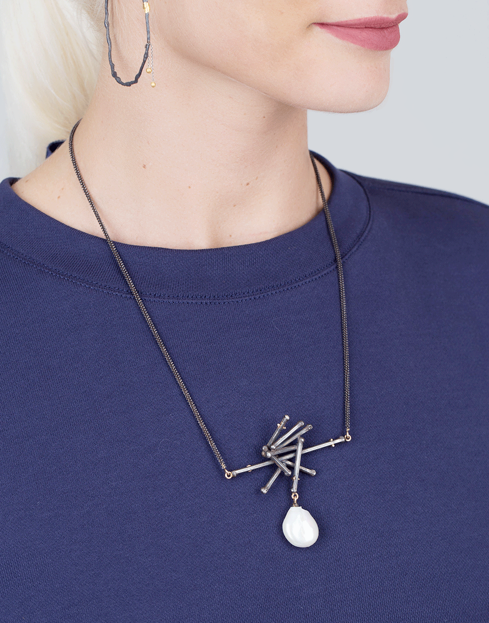BOAZ KASHI-Pearl Drop Criss Cross Necklace-SILVER