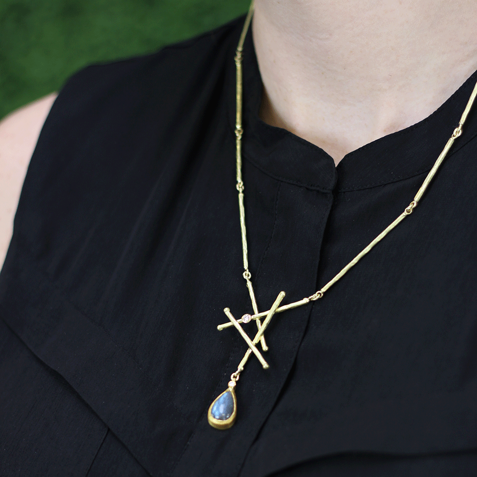 BOAZ KASHI-Labradorite Drop Criss Cross Necklace-YELLOW GOLD