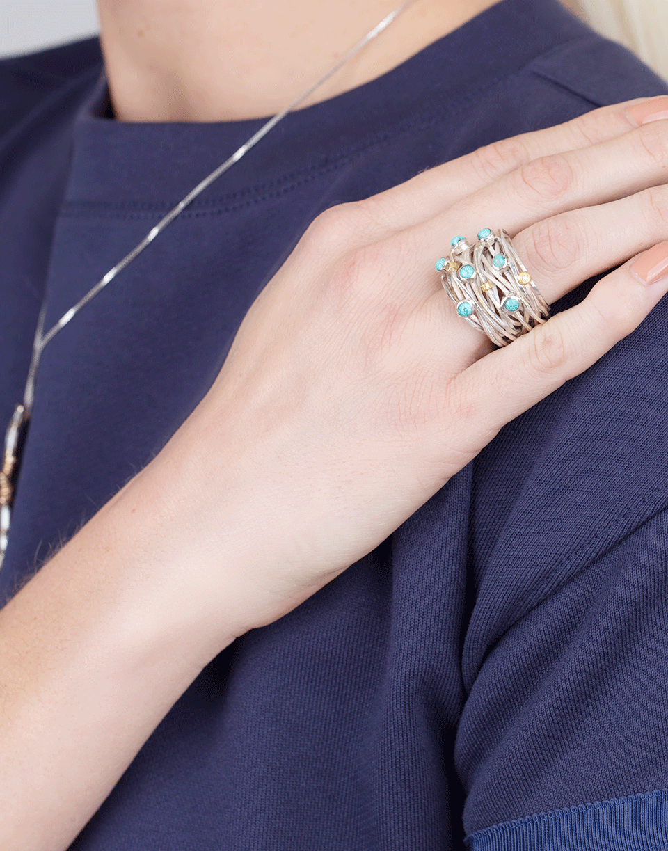 BOAZ KASHI-Turquoise Wire Wrap Ring-SILVER