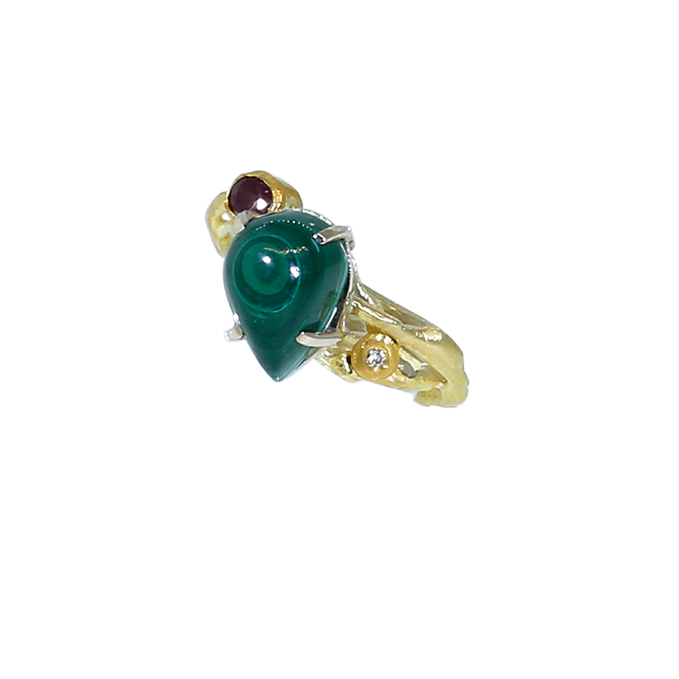 BOAZ KASHI-Malachite And Pink Tourmaline Ring-YELLOW GOLD