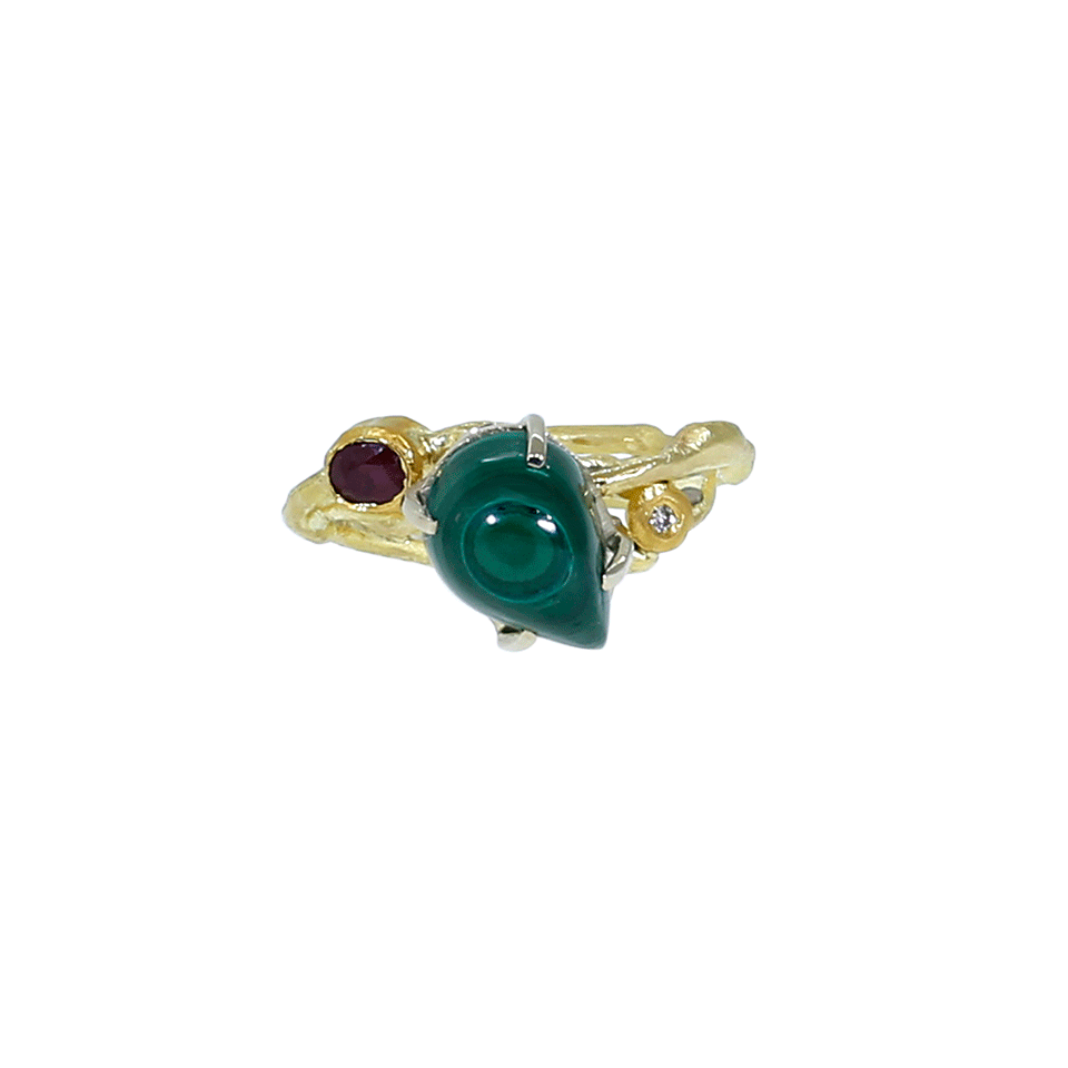 BOAZ KASHI-Malachite And Pink Tourmaline Ring-YELLOW GOLD