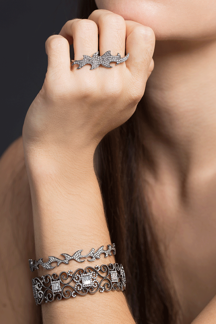 BOCHIC-Diamond Scroll Cuff Bracelet-WHITE GOLD