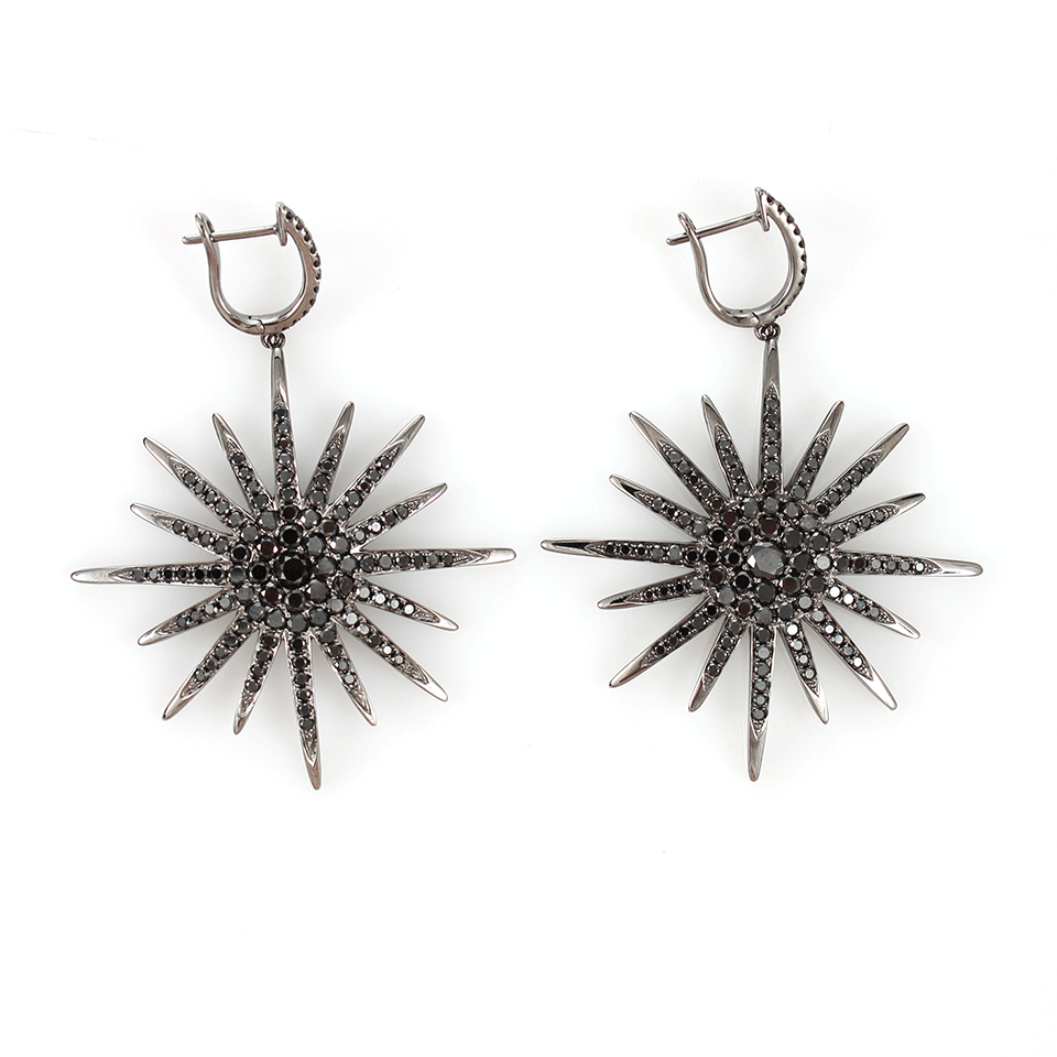 BOCHIC-Black Diamond Starburst Earrings-WHITE GOLD