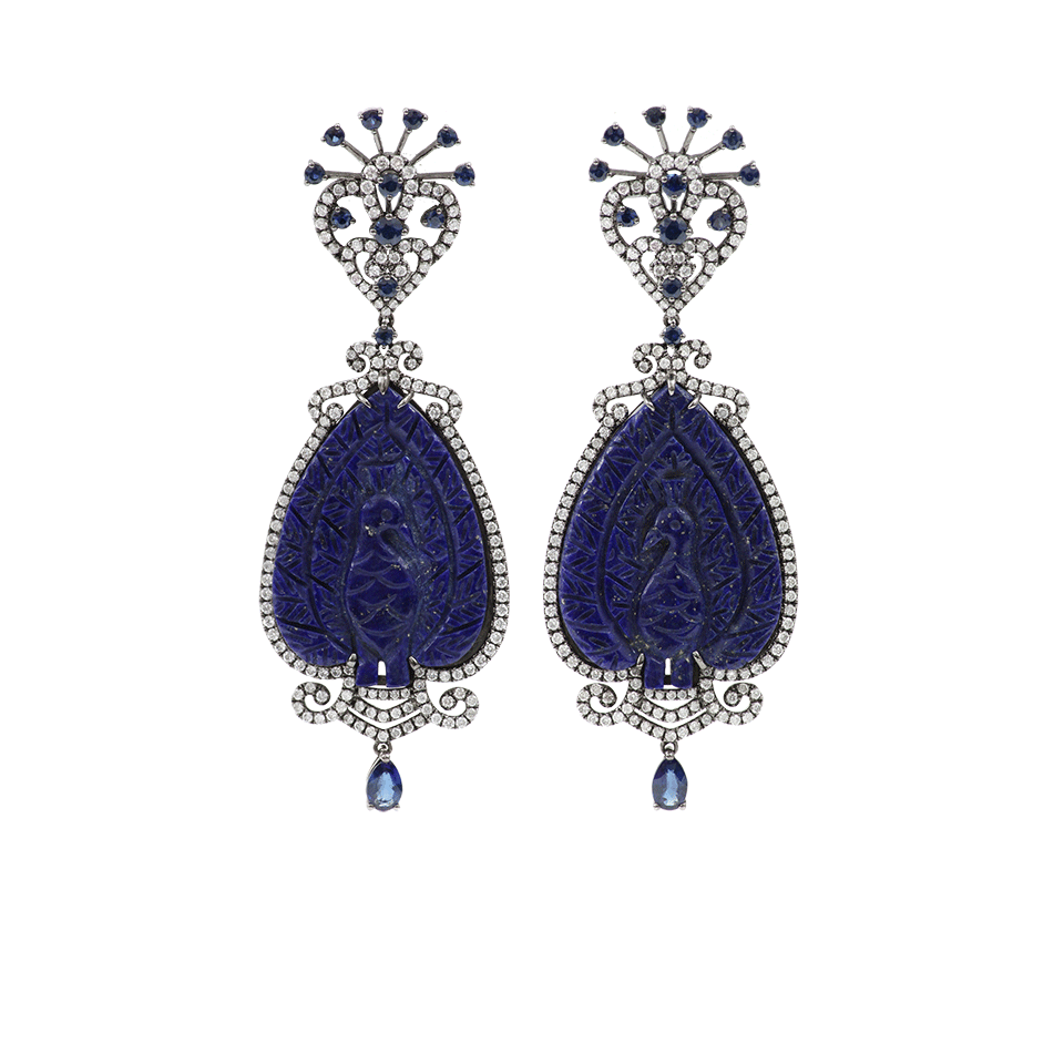 BOCHIC-Carved Lapis Peacock Earrings-WHITE GOLD