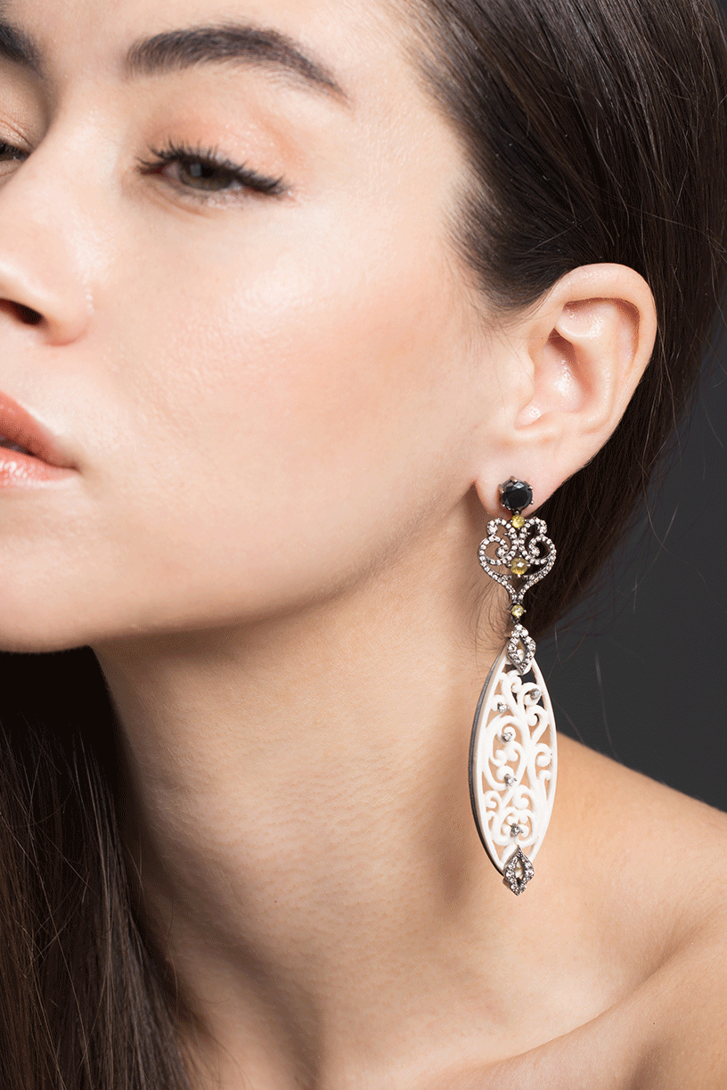 BOCHIC-Carved Mammoth Drop Earrings With Diamonds-WHITE GOLD