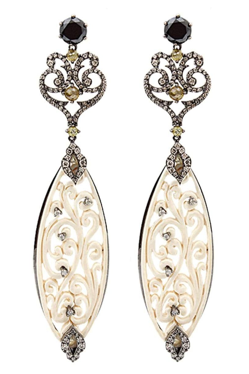 BOCHIC-Carved Mammoth Drop Earrings With Diamonds-WHITE GOLD