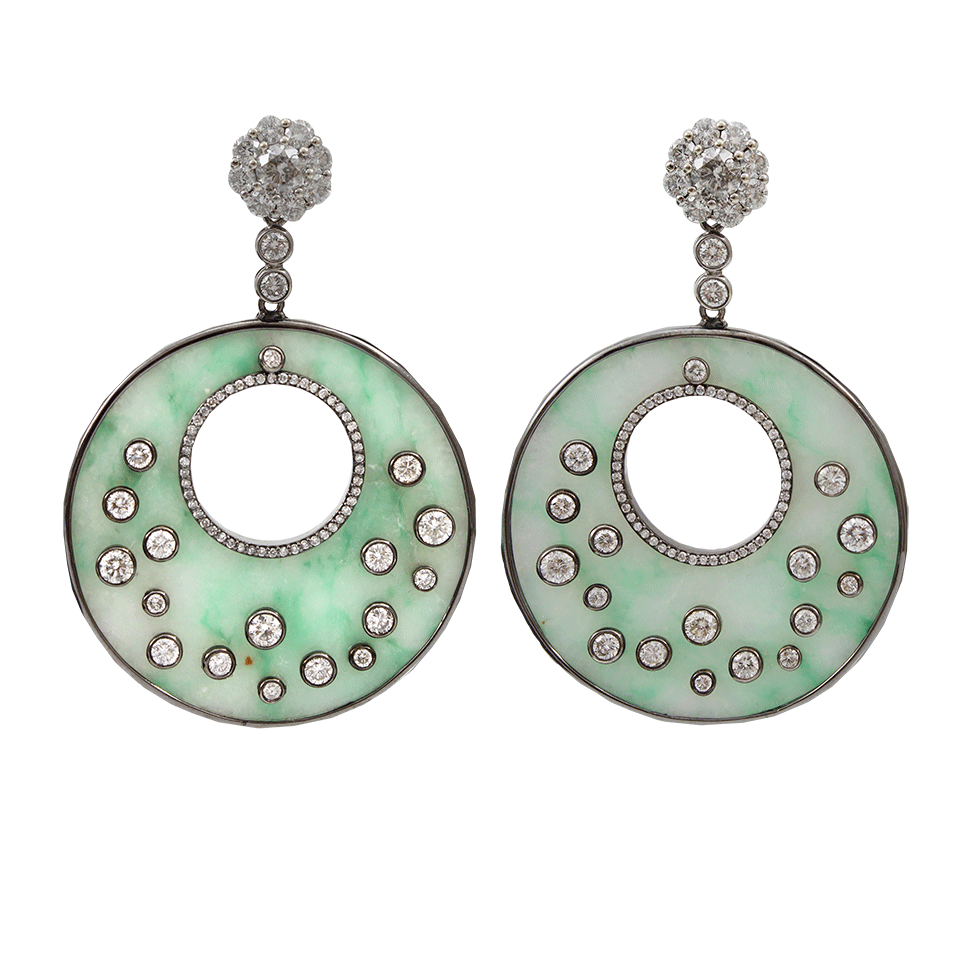 BOCHIC-Green Jade Diamond Round Drop Earrings-WHITE GOLD