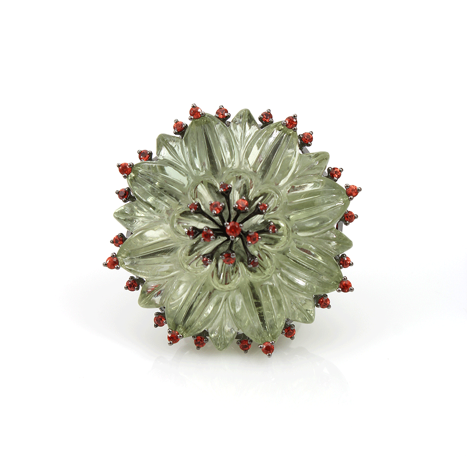 BOCHIC-Green Amethyst Kiwi Flower Ring-WHITE GOLD