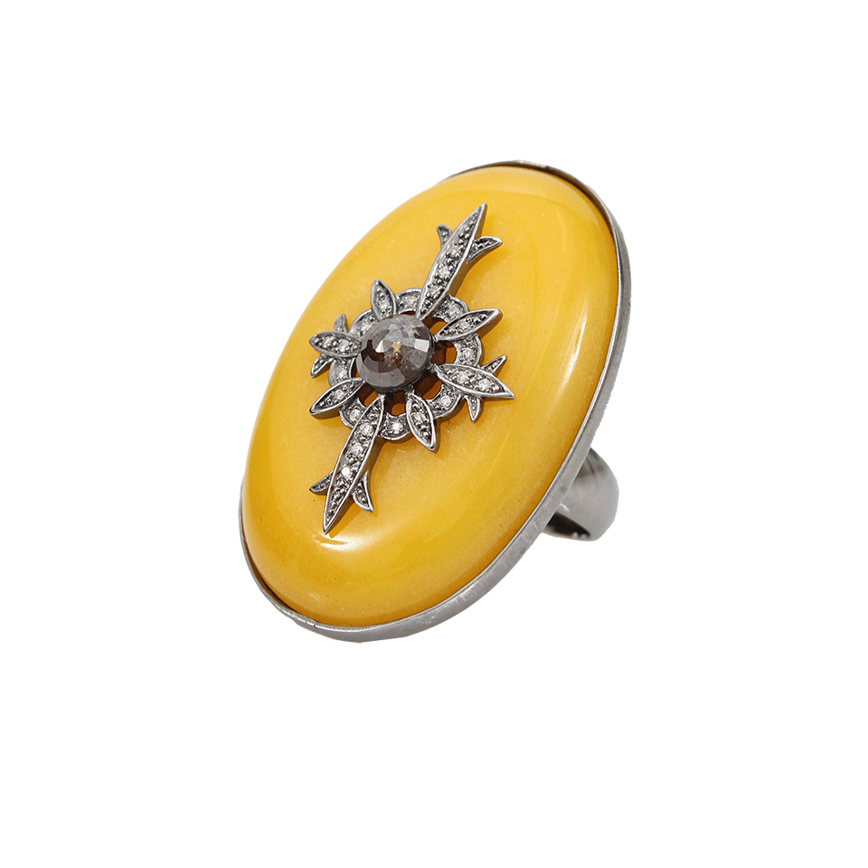 BOCHIC-Yellow Oval Jade Ring with Diamonds-WHITE GOLD