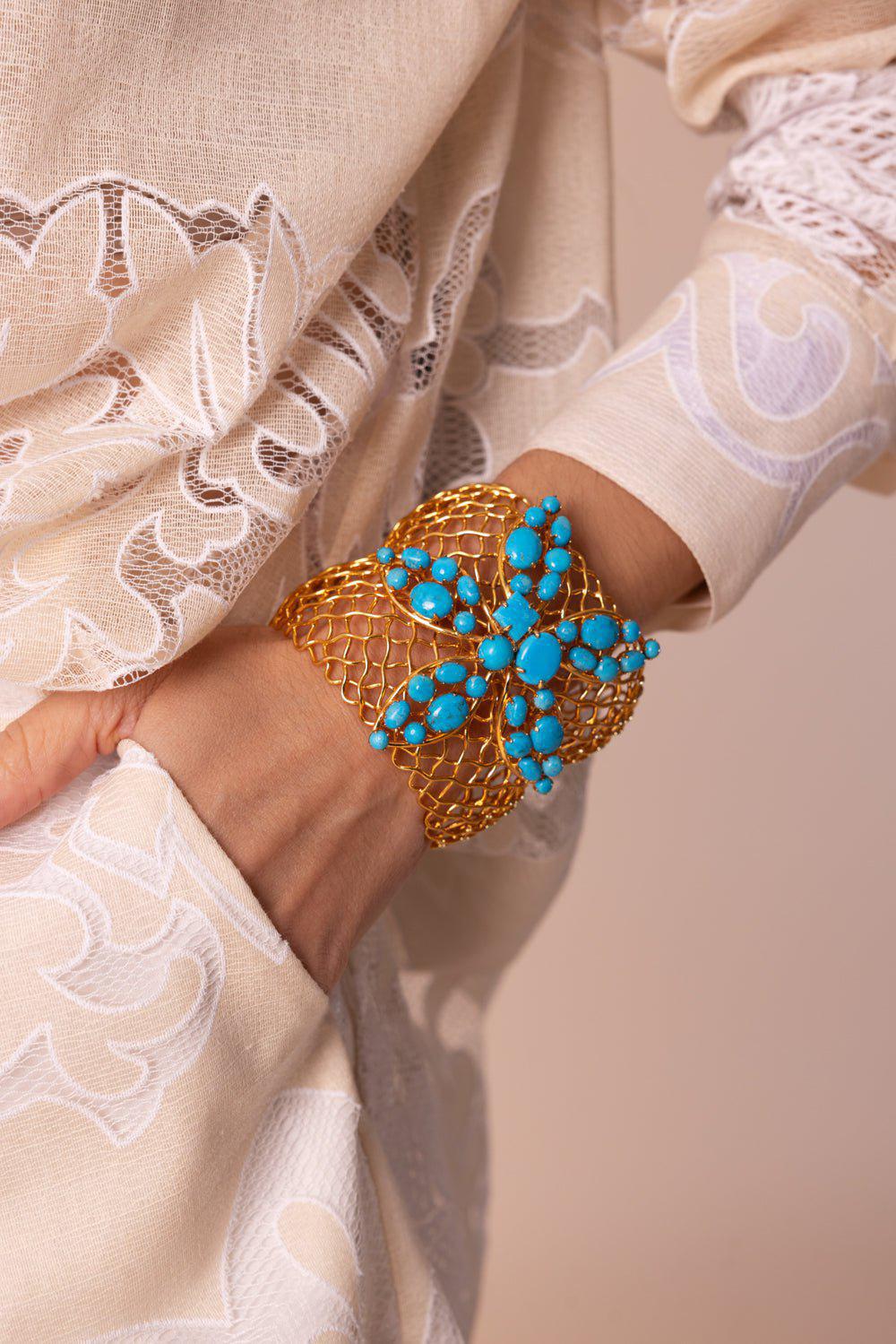 BOUNKIT JEWELRY-Double Mesh Flower Cuff Bracelet-BLUE