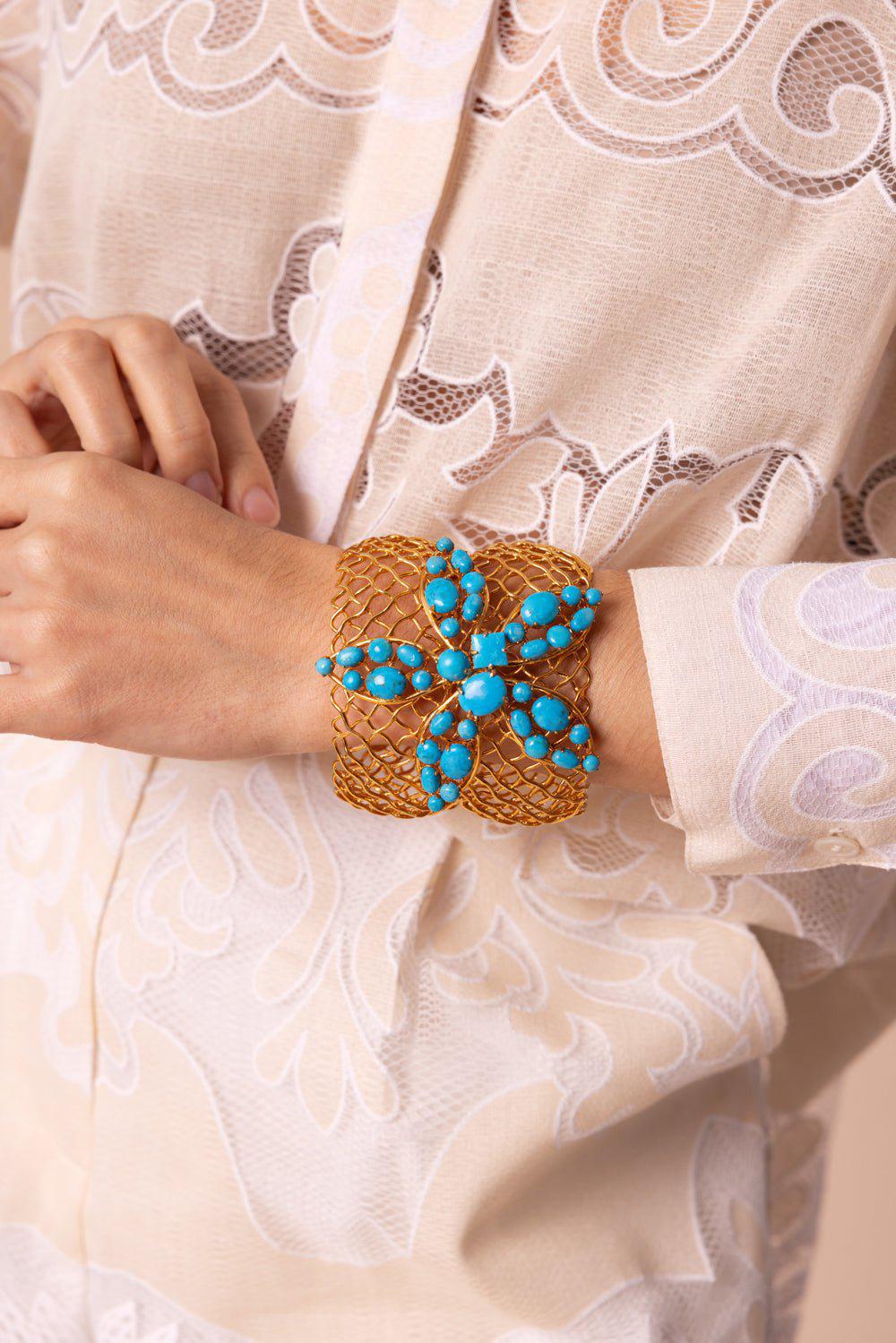 BOUNKIT JEWELRY-Double Mesh Flower Cuff Bracelet-BLUE