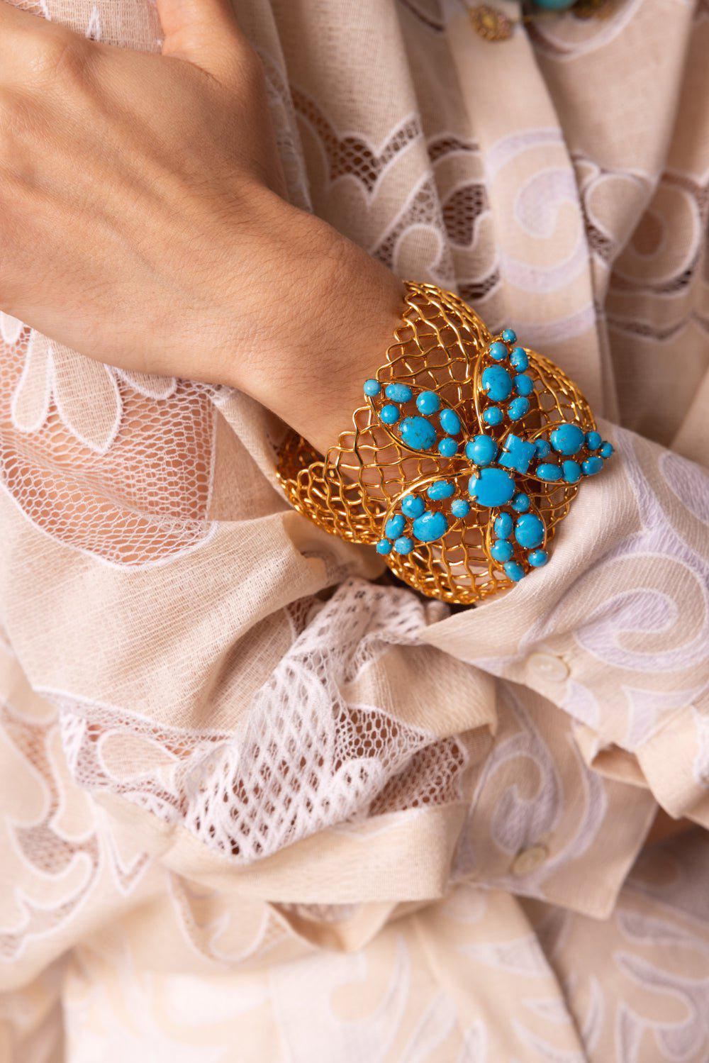 BOUNKIT JEWELRY-Double Mesh Flower Cuff Bracelet-BLUE