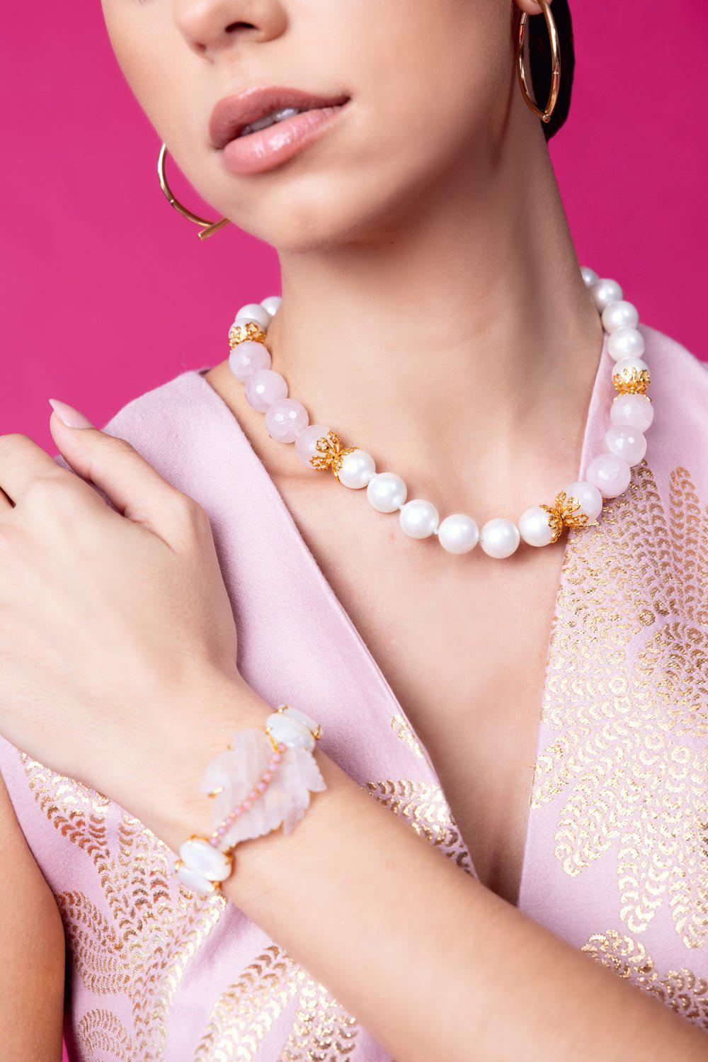 BOUNKIT JEWELRY-Rose Quartz Carved Leaf Cuff Bracelet-PINK/WHT