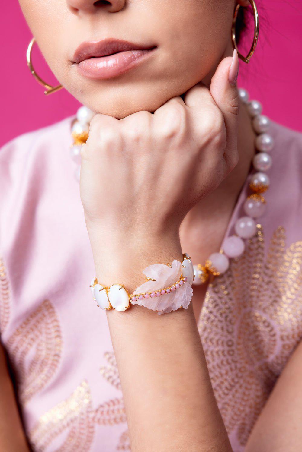 BOUNKIT JEWELRY-Rose Quartz Carved Leaf Cuff Bracelet-PINK/WHT