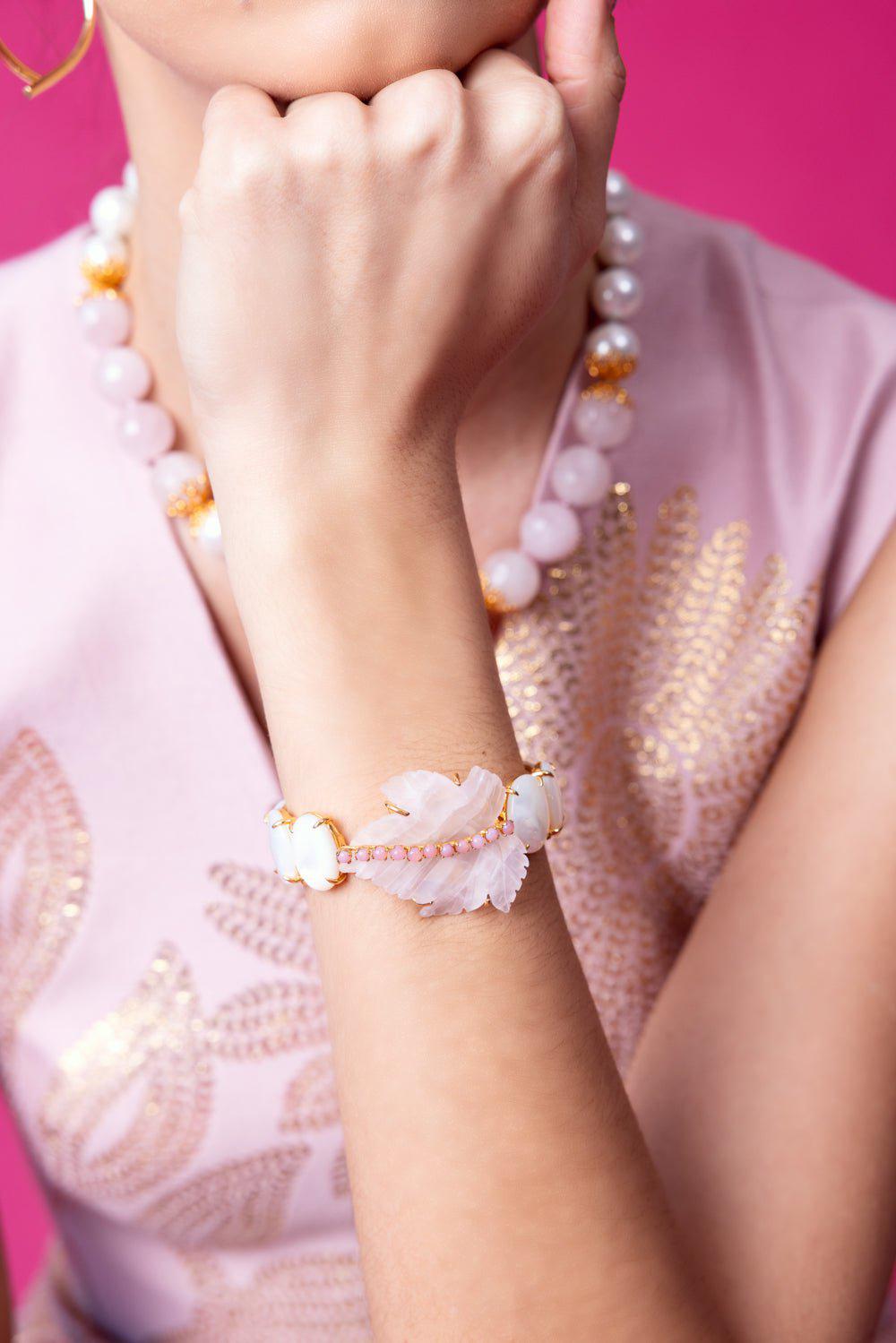 BOUNKIT JEWELRY-Rose Quartz Carved Leaf Cuff Bracelet-PINK/WHT