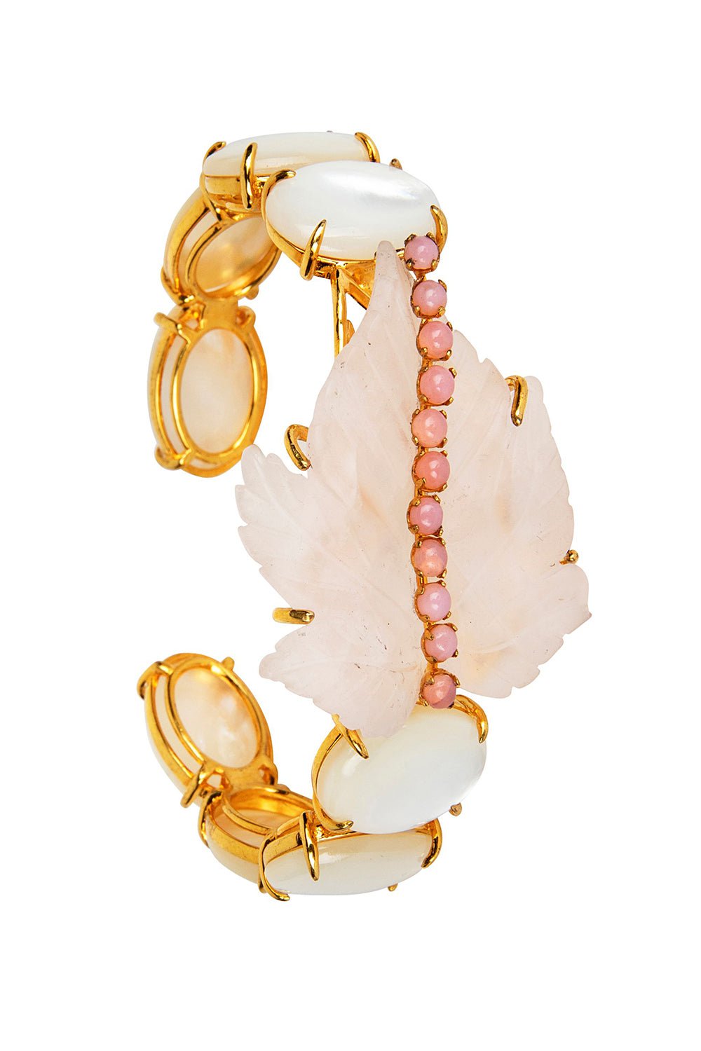 BOUNKIT JEWELRY-Rose Quartz Carved Leaf Cuff Bracelet-PINK/WHT