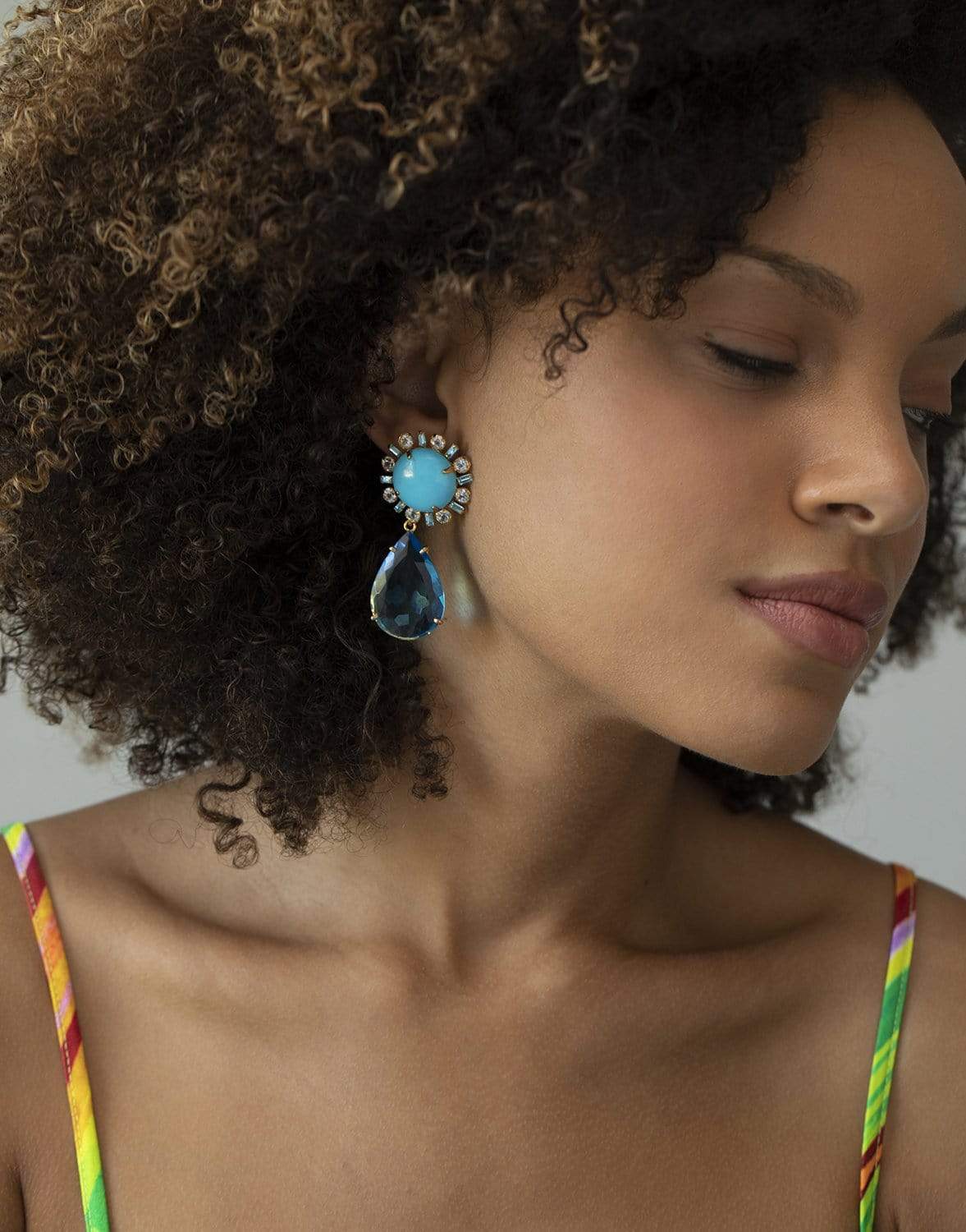 BOUNKIT JEWELRY-2-in-1 Turquoise, Blue Topaz & Bohemian Blue Baguette Earrings-BLUE