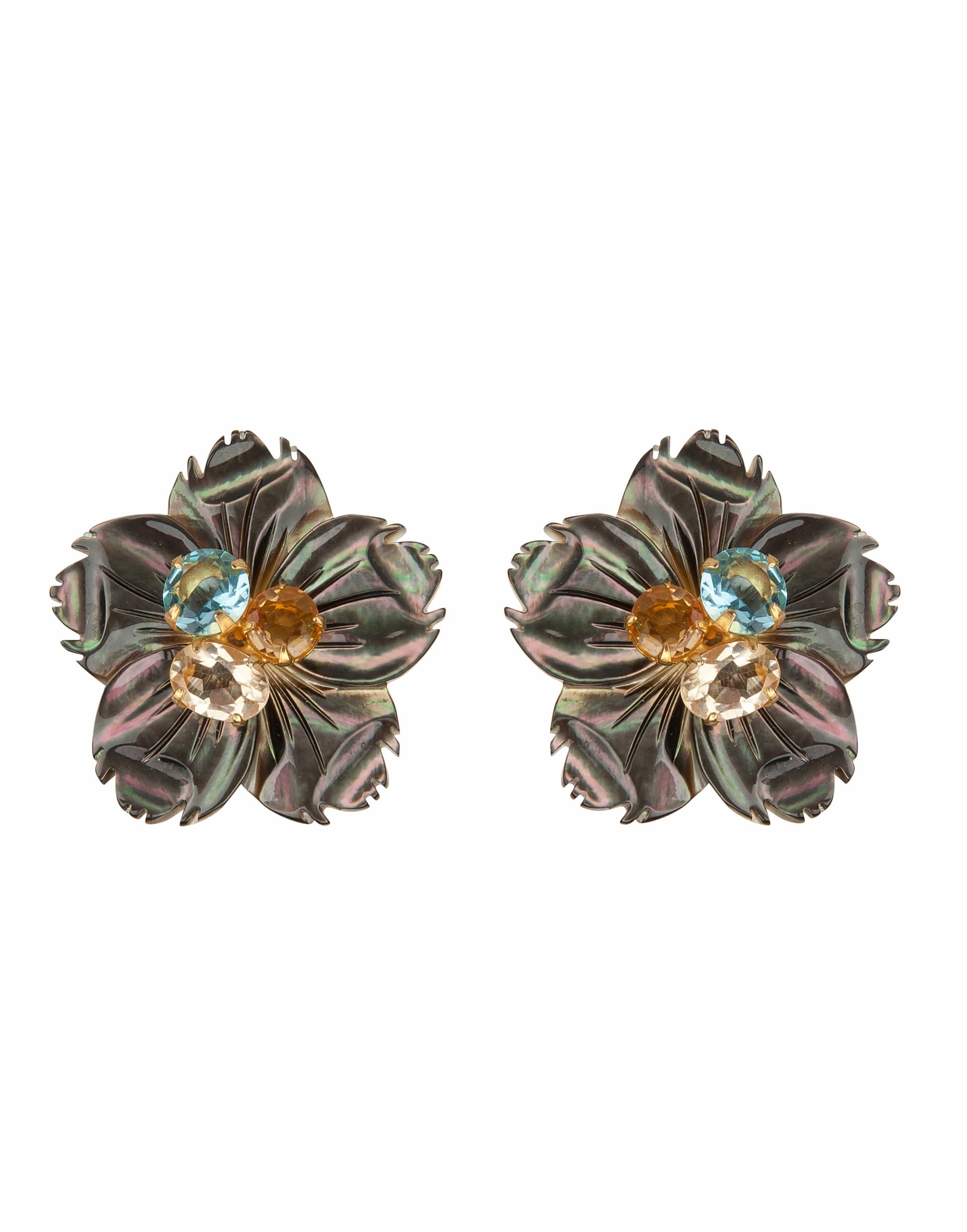 BOUNKIT JEWELRY-Black Mother of Pearl Flower Earrings-BLUE