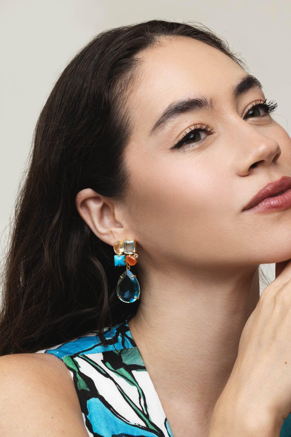 BOUNKIT JEWELRY-Turquoise Citrine Cluster Earrings-BLUE