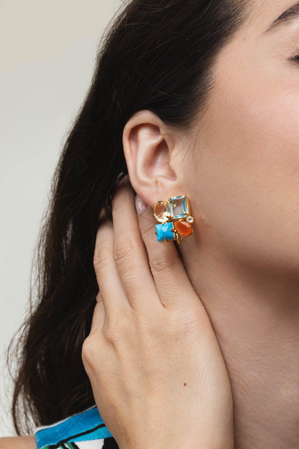 BOUNKIT JEWELRY-Turquoise Citrine Cluster Earrings-BLUE