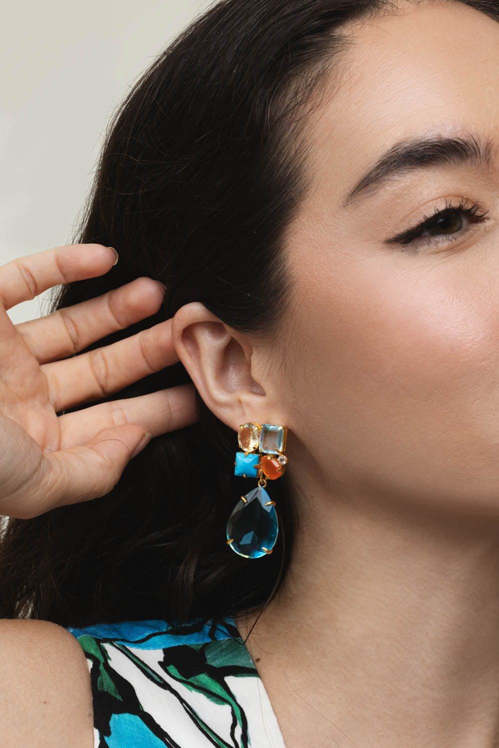 BOUNKIT JEWELRY-Turquoise Citrine Cluster Earrings-BLUE