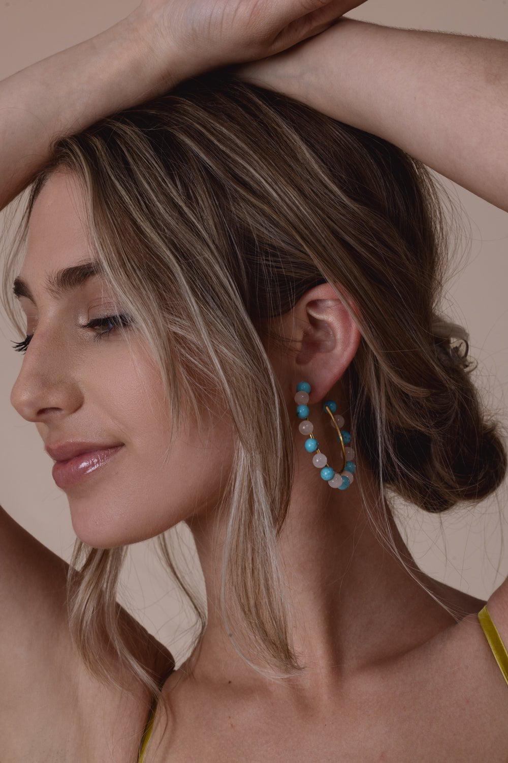BOUNKIT JEWELRY-Turquoise Rose Quartz Hoop Earrings-BLUE