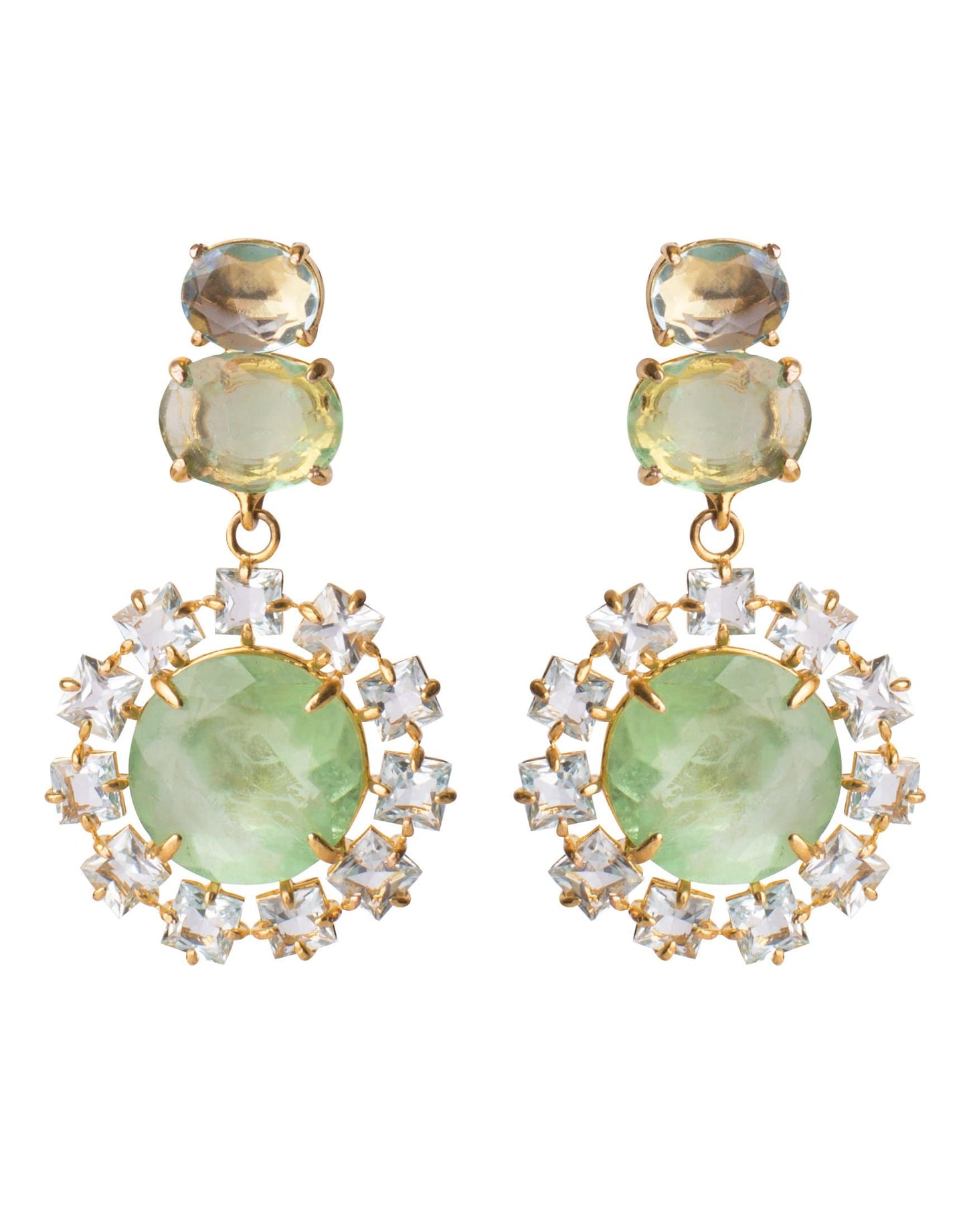 BOUNKIT JEWELRY-2-in-1 Fluorite, Blue Topaz & Blue Quartz Earrings-GOLD